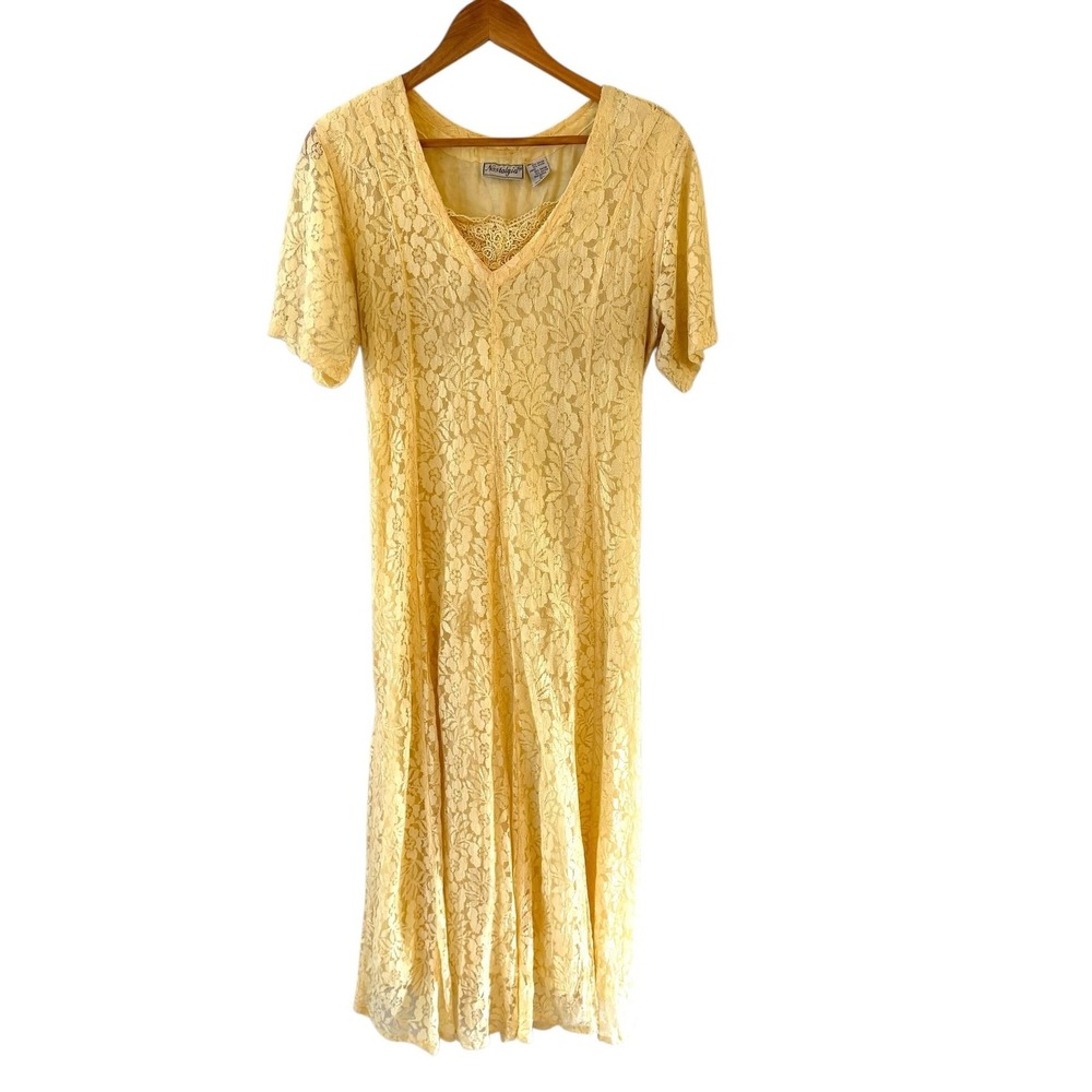 Nostalgia Vintage 90s Lace Maxi Dress L Butter Yellow Floral Grunge Phoebe